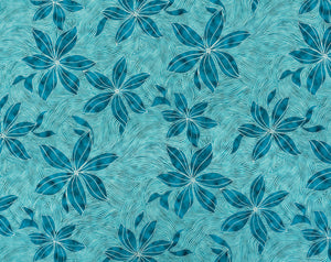 FJ-012 Turq (Polyester/Spandex Knit) - TrendtexFabrics Stylized Tiare Flowers over Wavy Pattern